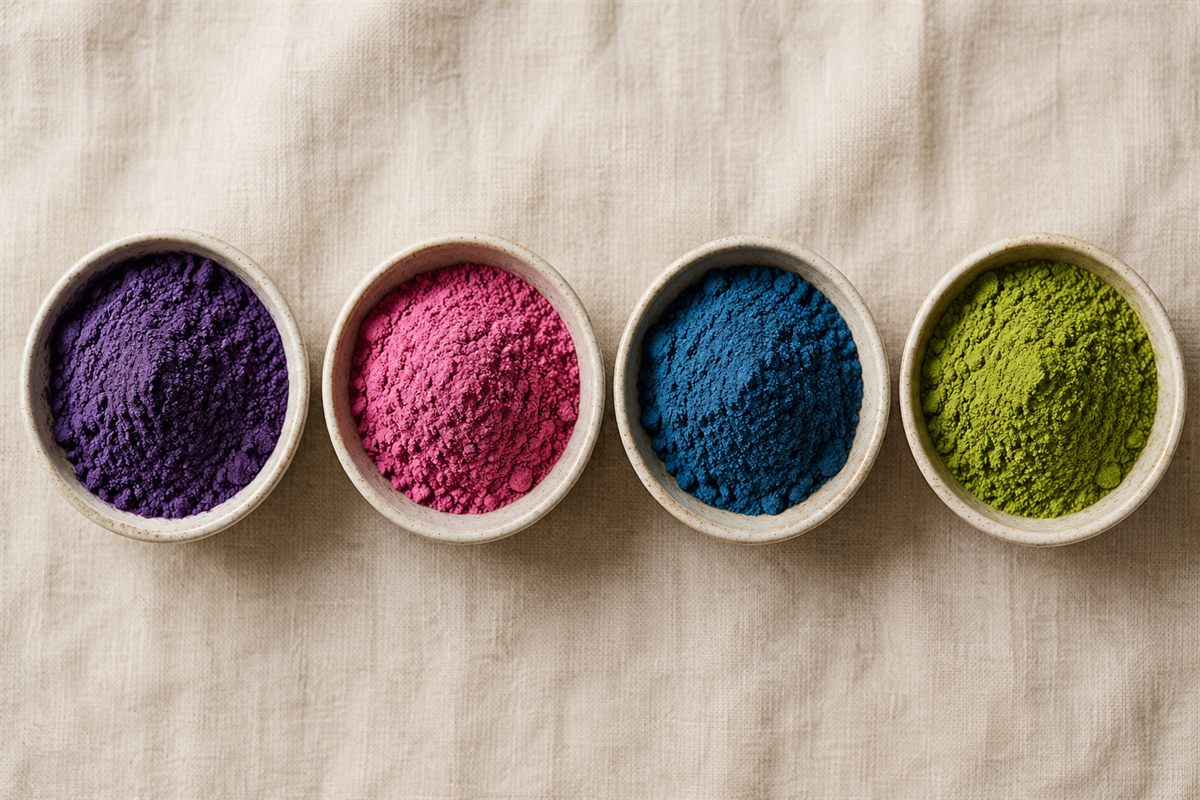 Quatre bols de poudres colorees naturelles : ube violet, pitaya rose, spiruline bleue, matcha vert