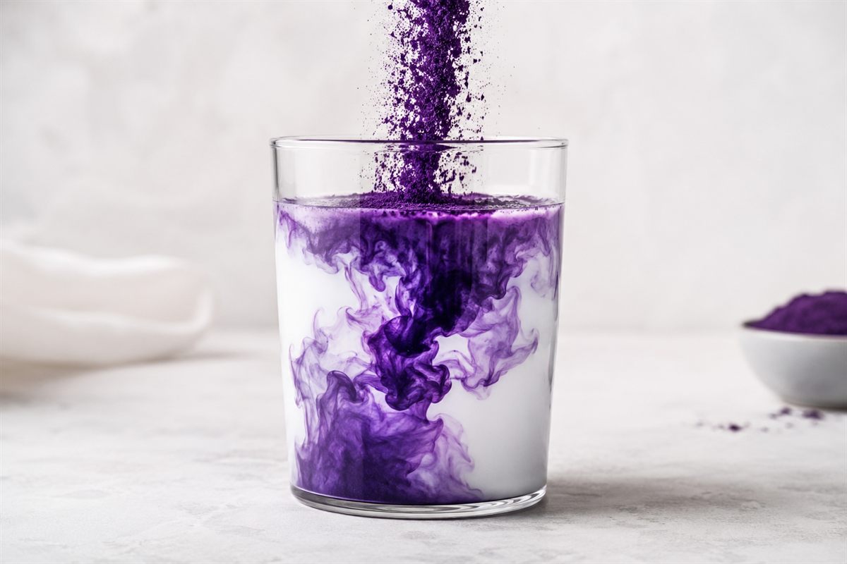 Poudre d'ube violette se dispersant dans du lait, couleur naturelle des anthocyanes