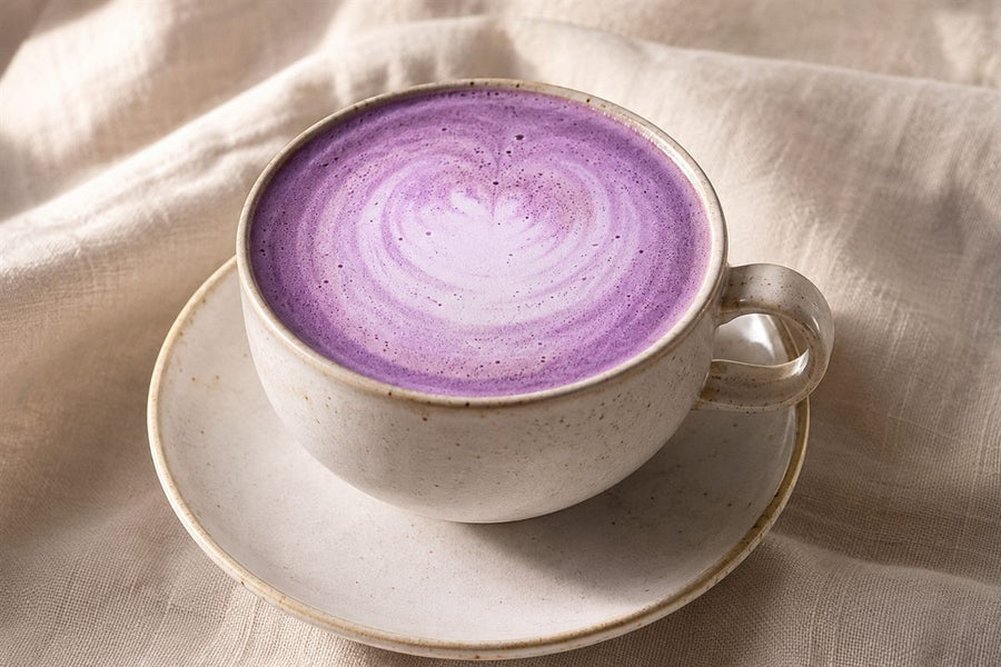 Purple coffee, cafe latte violet ube en tasse, mousse violette, fond lin beige