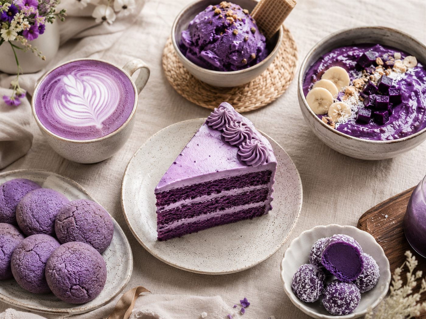 Collection de recettes à l'ube : latte, gâteau, cookies et bowl violets