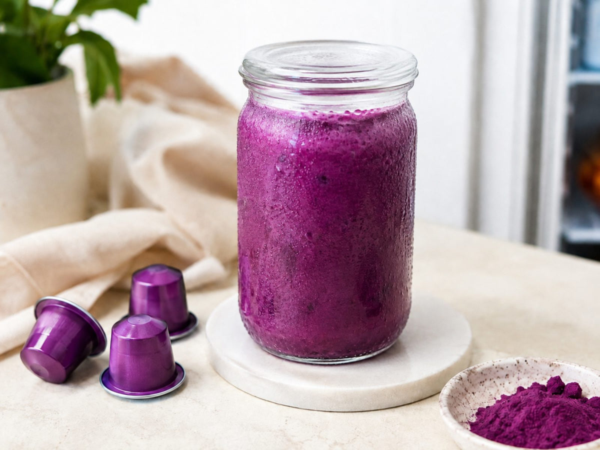 Ube latte conservé dans un bocal couvert et capsules d'ube, conservation des préparations