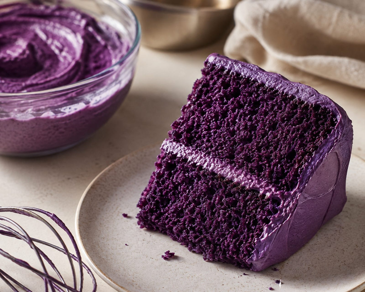 Part de gâteau à l'ube violet foncé et pâte crue violette, couleur préservée à la cuisson
