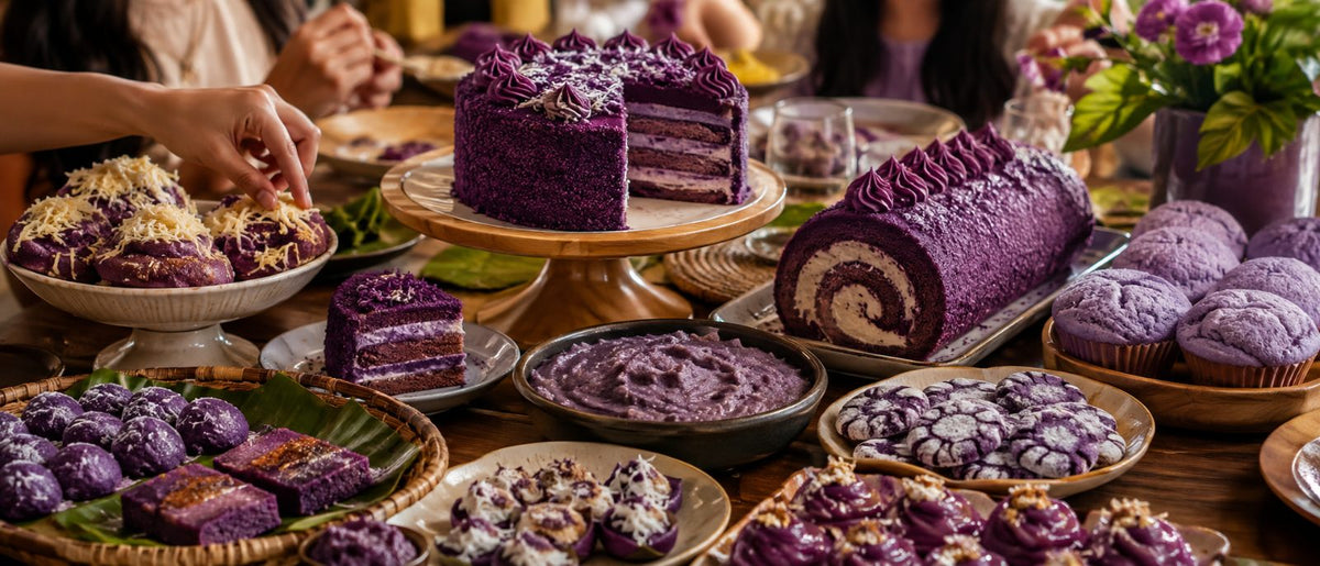 Table de fête philippine avec de nombreux desserts à l'ube violet magenta (gâteaux, halaya, brioches)