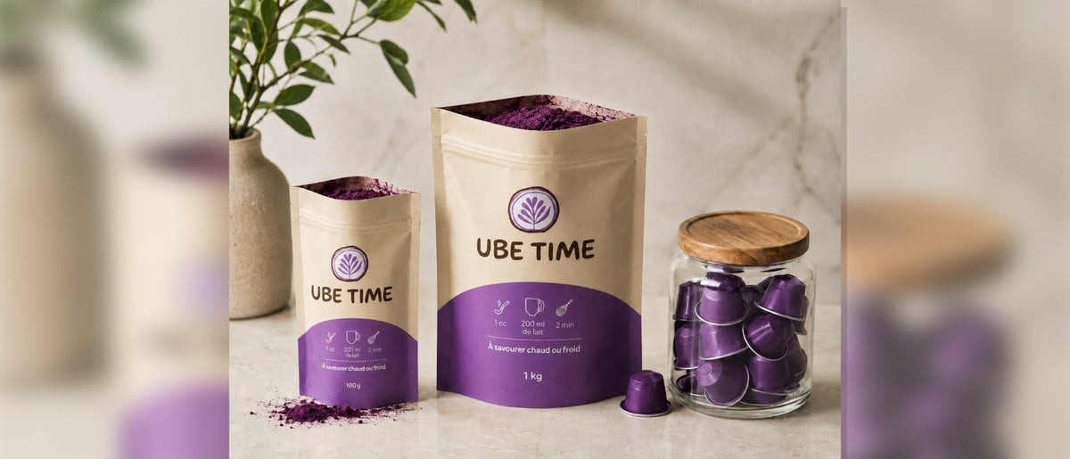 Sachets Ube Time 100 g et 1 kg et bocal de capsules d'ube, les formats