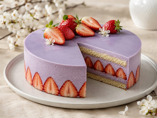 Fraisier à l'ube, mousse violette et fraises