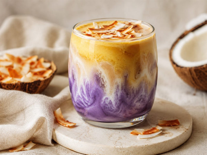 Ube golden coconut latte degrade violet et dore, copeaux de coco grilles, fond lin beige