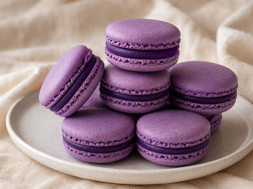 Macarons a l'ube violets, coques lisses, ganache, empiles sur assiette claire, fond lin