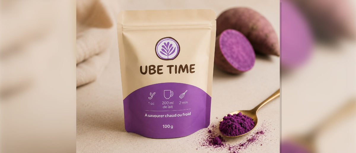 Sachet Ube Time ferme, igname ube et cuillere de poudre violette