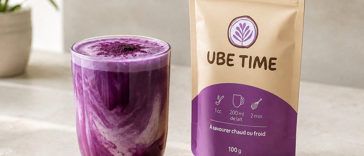 Ube latte, sachet Ube Time et cuillère de poudre, prix par tasse