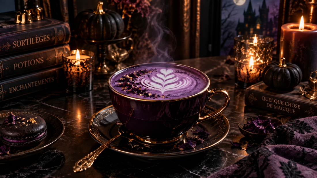 Ube latte violet dans une ambiance d'Halloween, bougies et grimoires, Ube Time