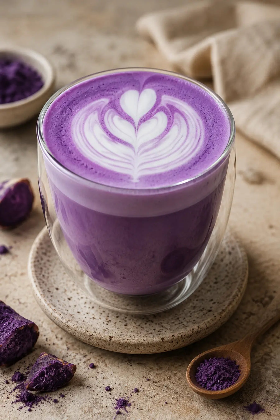 Ube latte violet crémeux avec latte art, poudre d'ube Kinampay — Ube Time