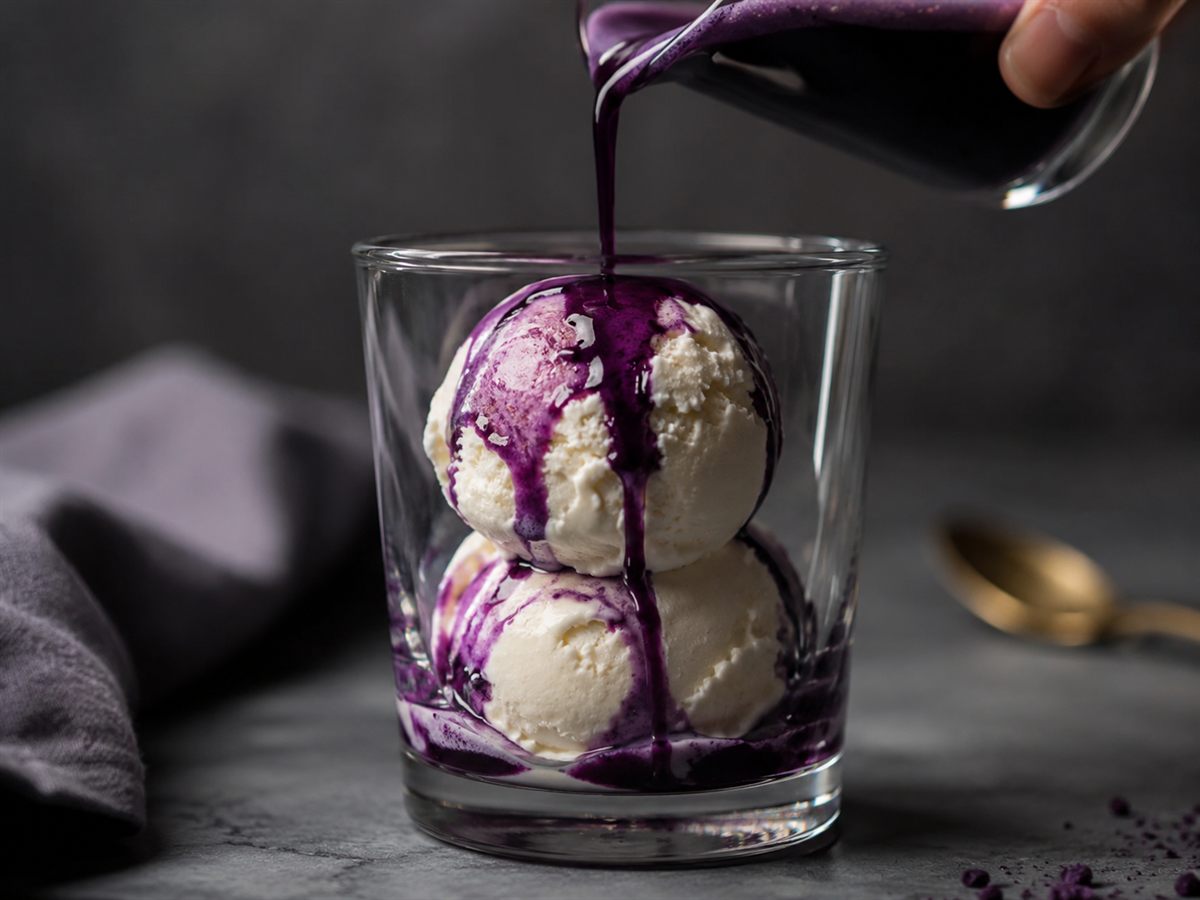 Affogato à l'ube : glace vanille arrosée d'un espresso d'ube violet