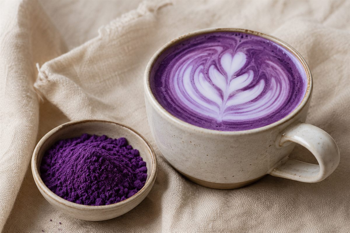 Ube latte chaud violet avec latte art et bol de poudre d'ube