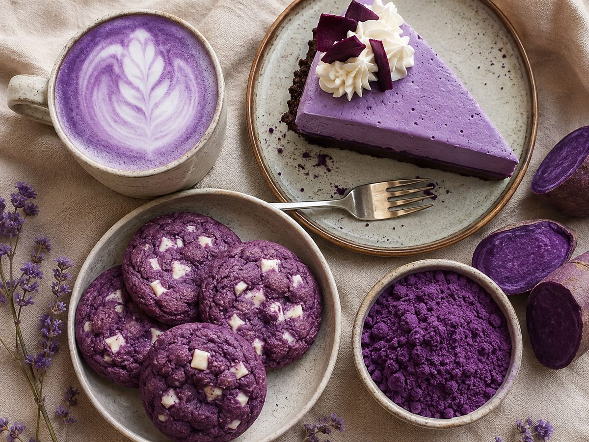Assortiment de recettes a l'ube violettes : latte, cheesecake, cookies, poudre