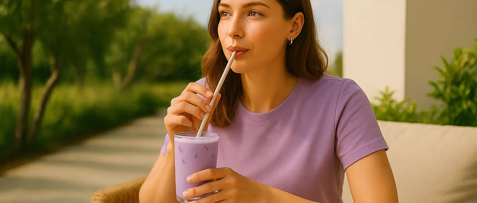 Bannière femme buvant de l'ube latte