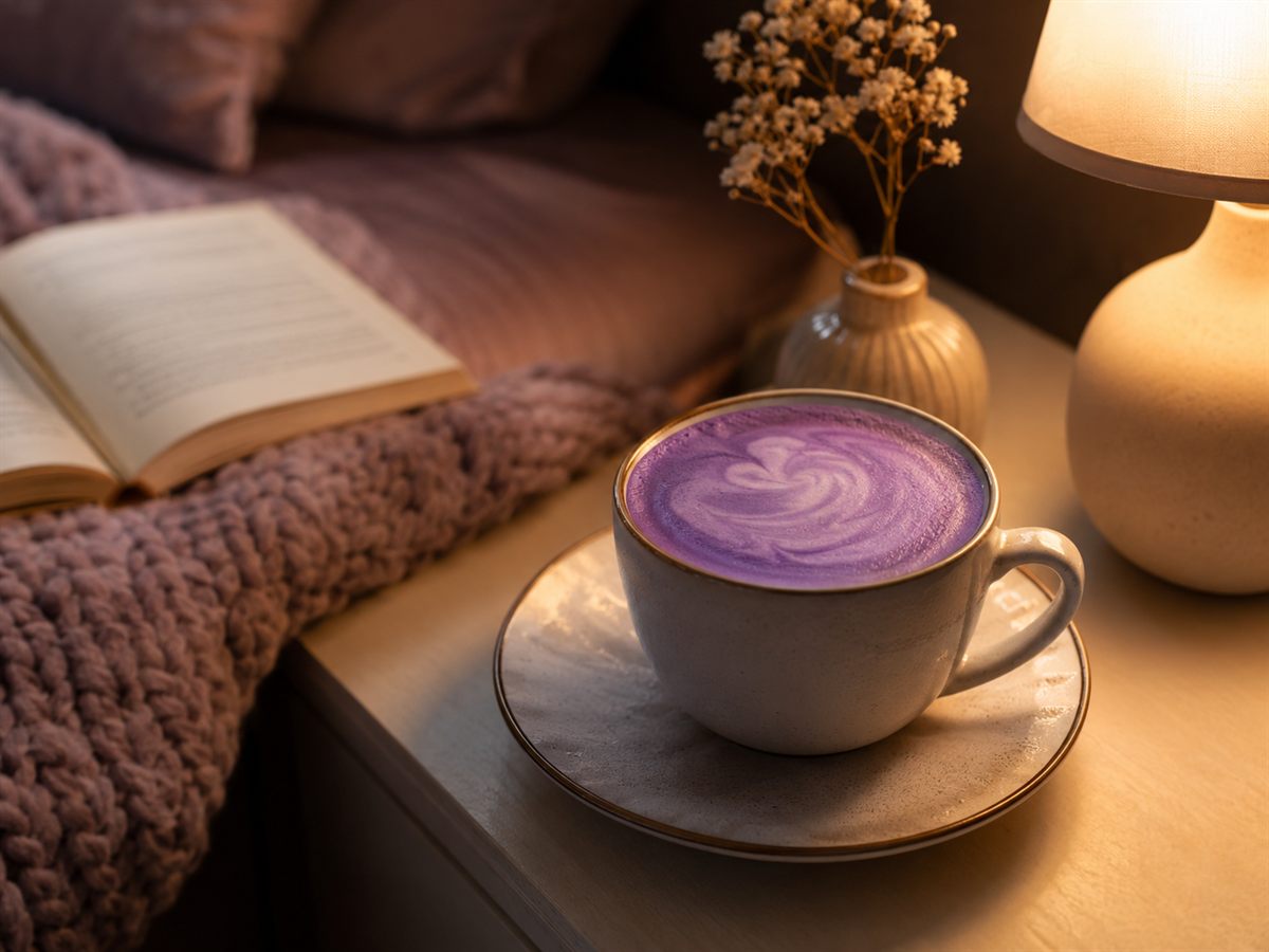 Ube latte violet du soir sans caféine, ambiance cosy et tamisée