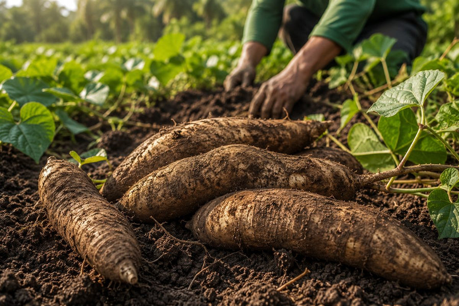 Récolte d'ube dans un champ aux Philippines, tubercules fraîchement déterrés