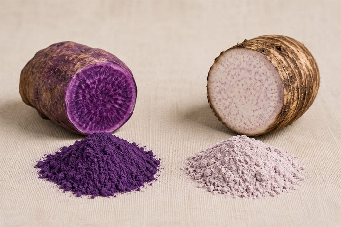 Comparaison ube et taro, tubercules coupés et poudres