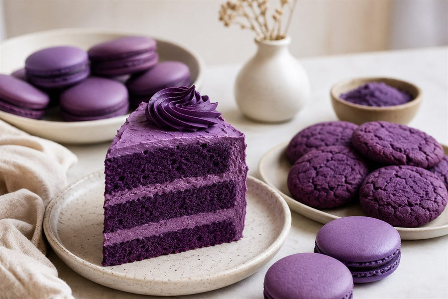 Pâtisseries à l'ube : part de gâteau violet, macarons et cookies à la poudre d'ube
