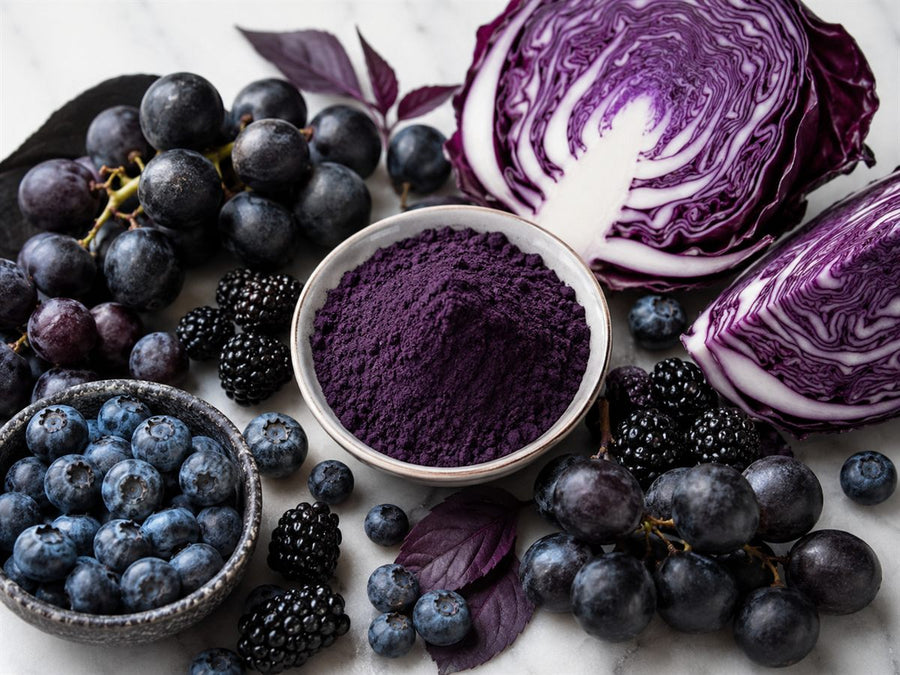 Aliments violets riches en anthocyanes autour d'un bol de poudre d'ube : myrtille, mûre, chou rouge, raisin
