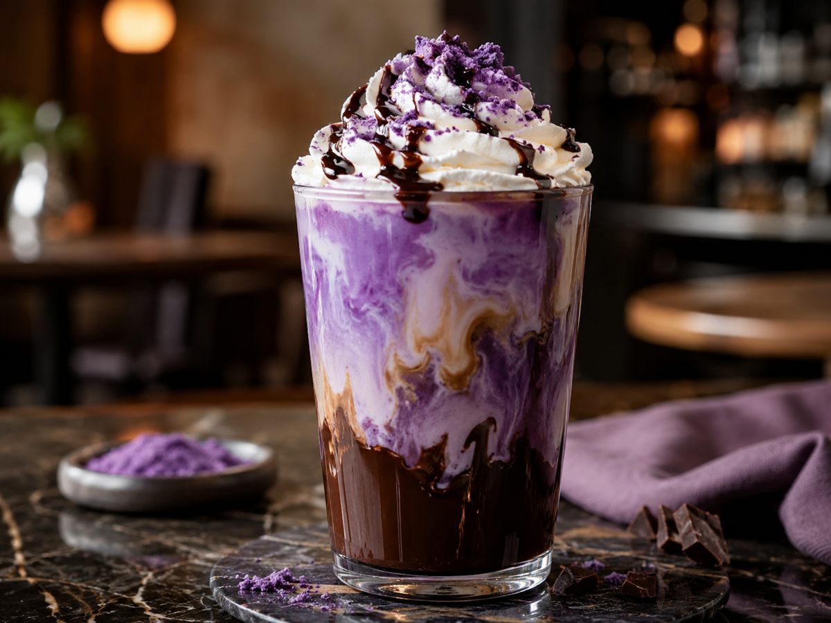 Mocha à l'ube : chocolat, café et lait d'ube violet surmonté de chantilly
