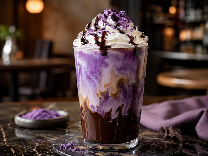 Mocha à l'ube : chocolat, café et lait d'ube violet surmonté de chantilly