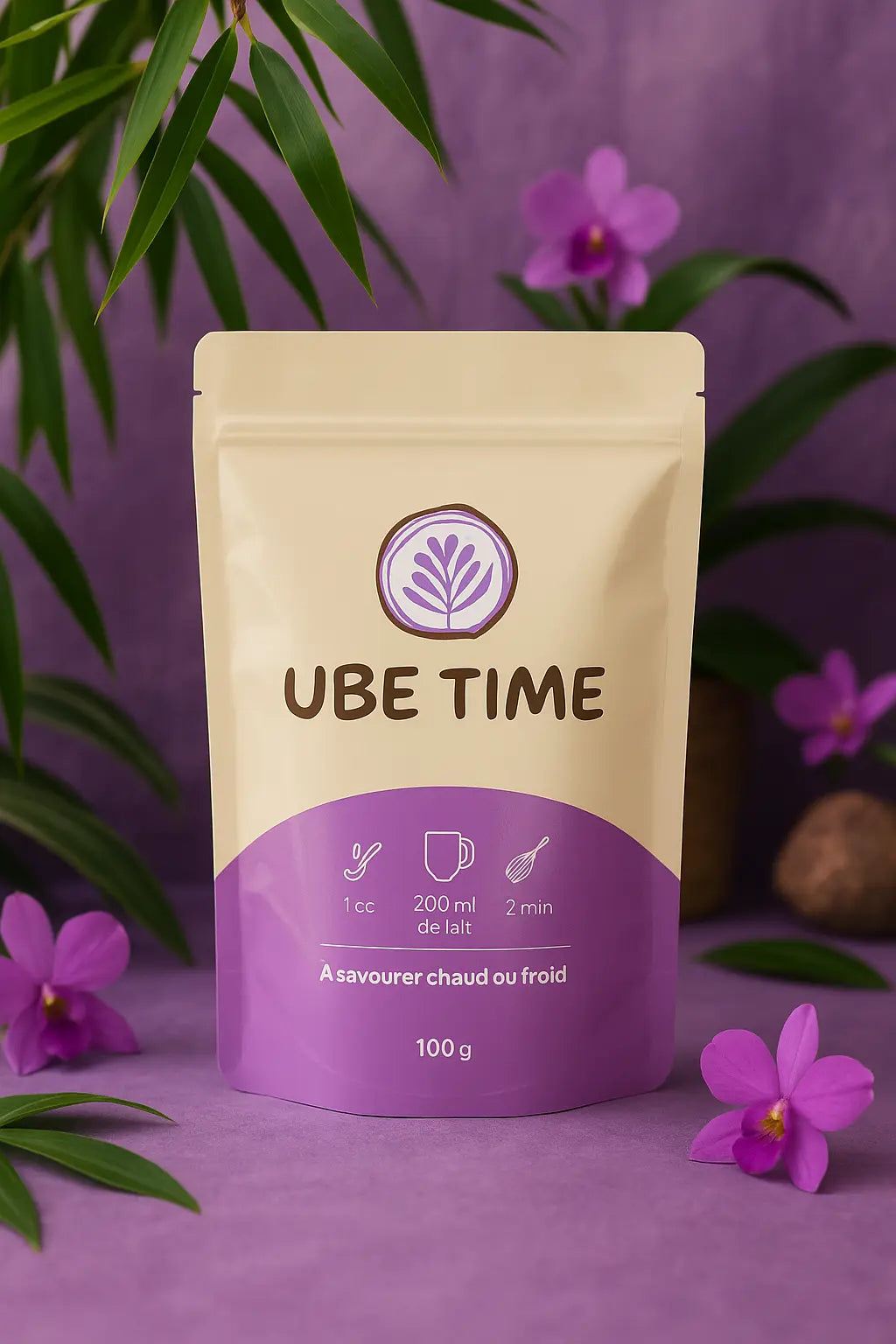 Sachet de poudre d ube Kinampay Ube Time 100 g, packaging creme et violet