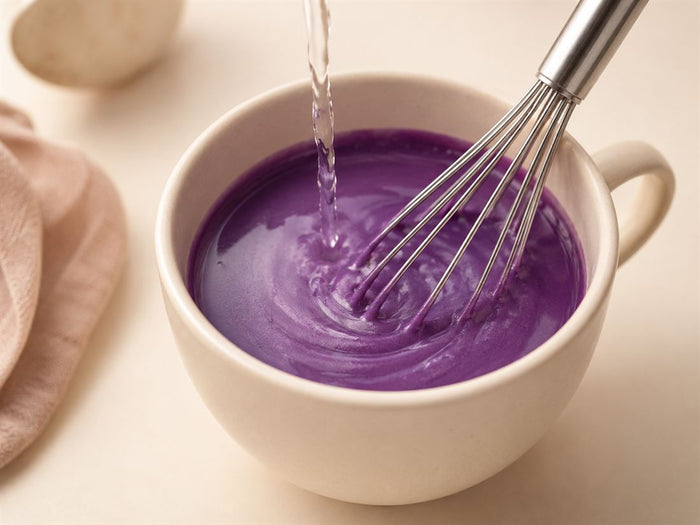 Pate d ube violette melangee au fouet dans une tasse creme