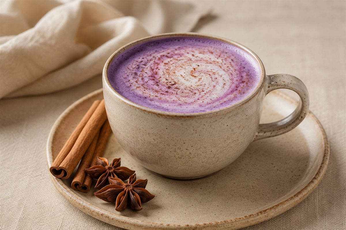 Ube chai latte violet epice, batons de cannelle, anis etoile, fond lin beige