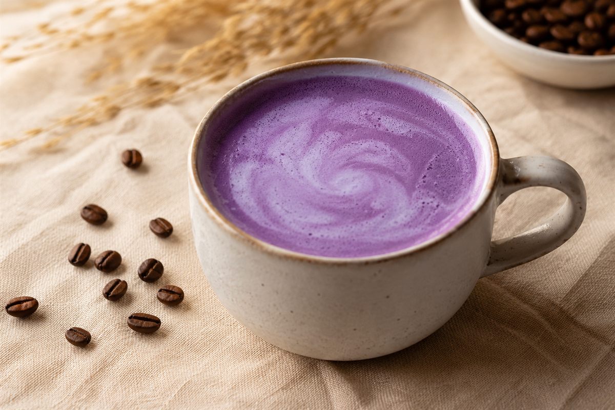 Ube coffee, cafe violet du matin en tasse ceramique, grains de cafe, fond lin beige