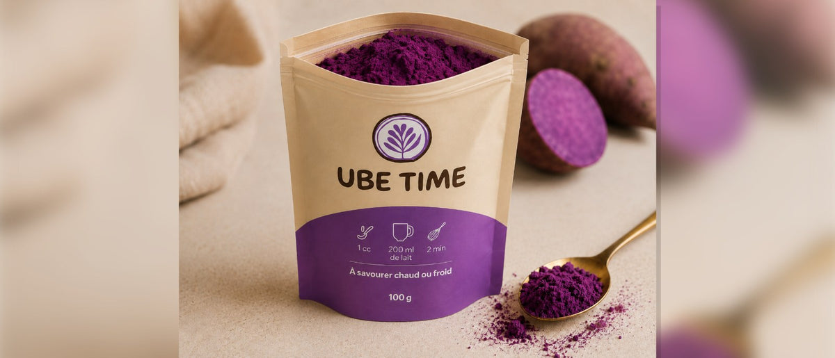 Sachet Ube Time ouvert, poudre d'ube violette visible