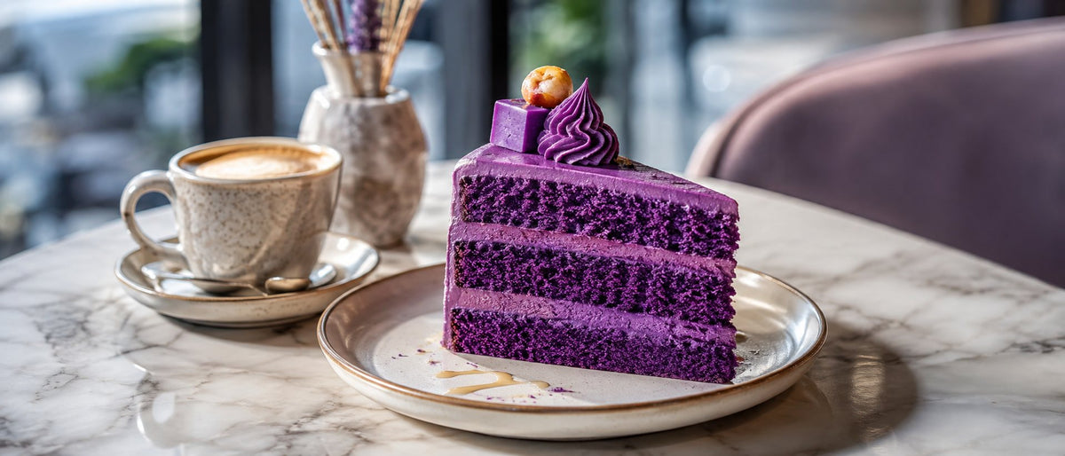 Élégante part de layer cake à l'ube violet magenta sur table de marbre dans un café moderne, avec cappuccino