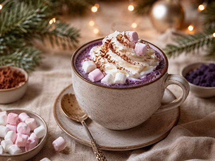 Chocolat chaud de Noël à l'ube, chantilly et marshmallows