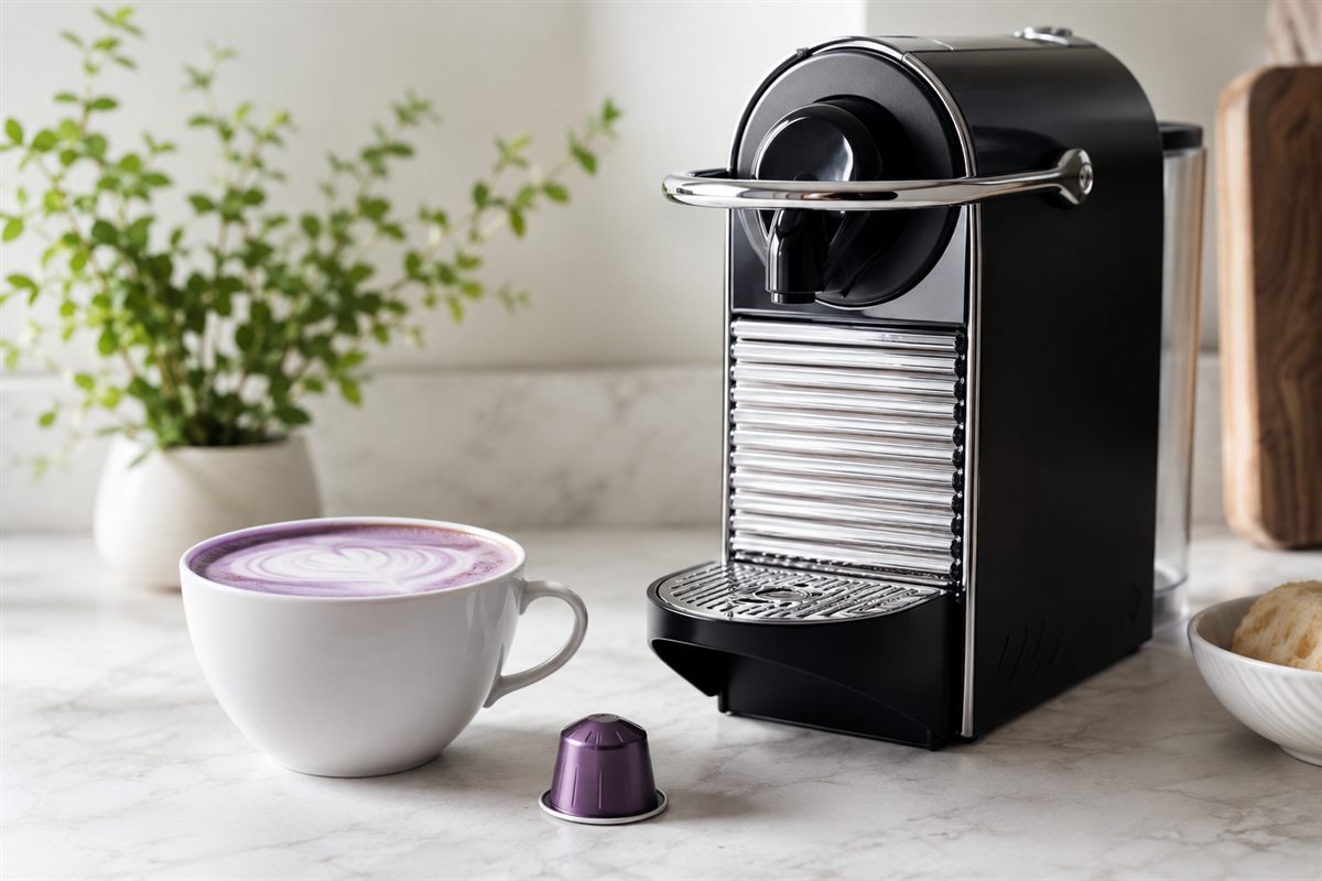 Ube latte violet préparé en capsule avec une machine Nespresso Original