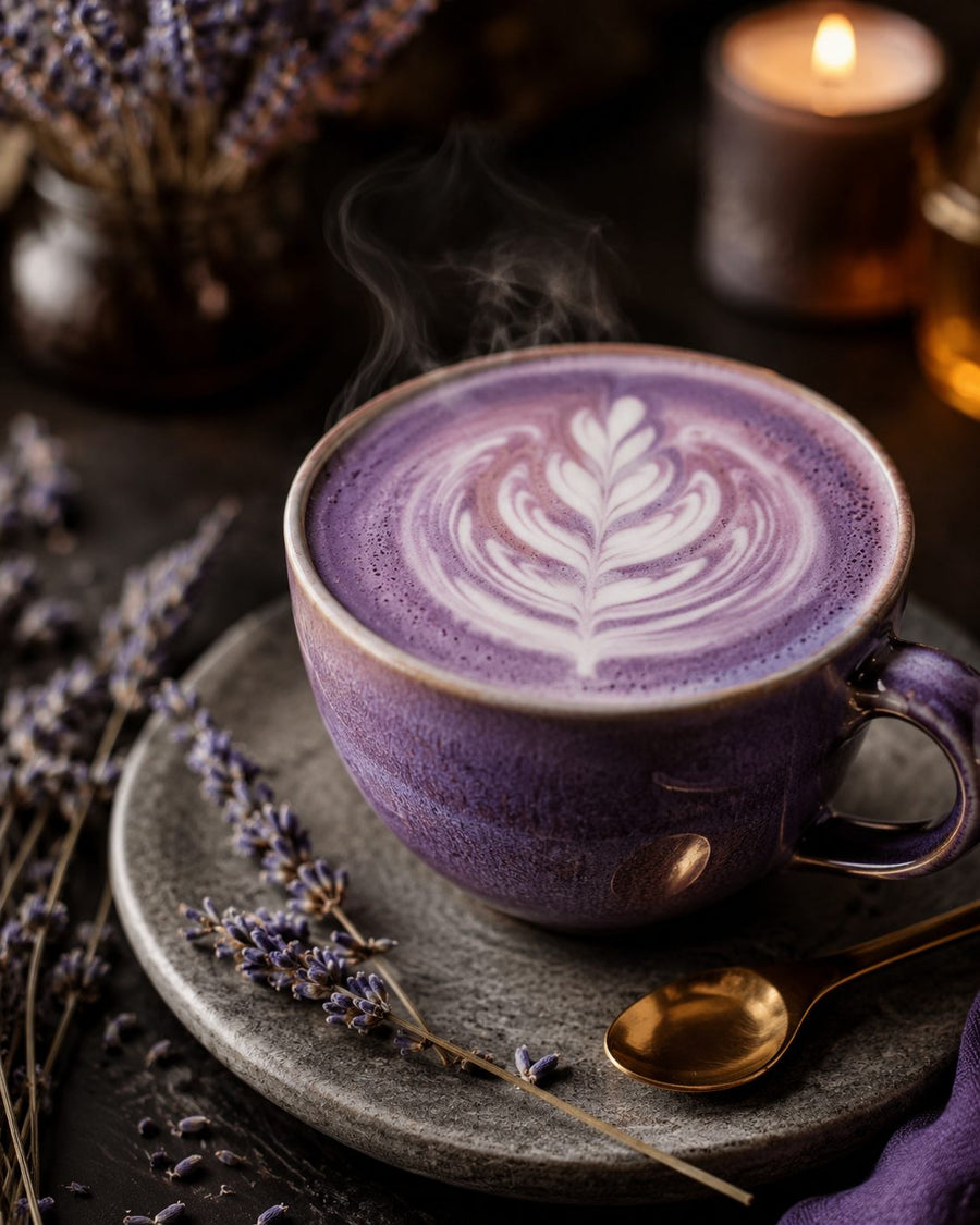 Ube latte chaud violet en tasse céramique, latte art rosetta, vapeur, poudre d'ube kinampay, ambiance premium