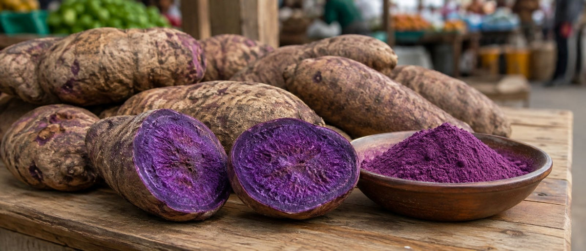 Ignames ube et poudre sur un etal de marche, ou acheter de l'ube