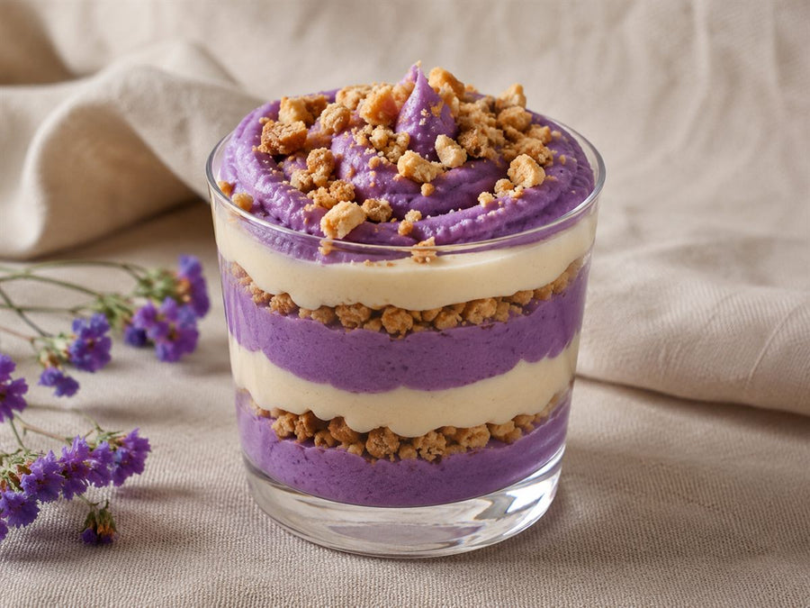 Verrine dessert ube violette en couches, creme et biscuit, fond lin beige