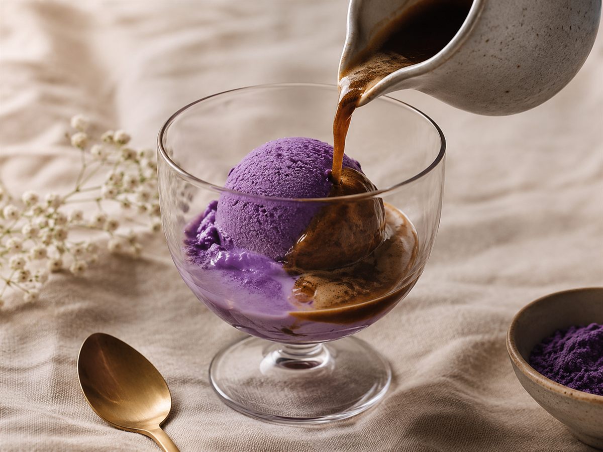 Affogato ube, boule de glace violette et espresso verse, fond lin beige