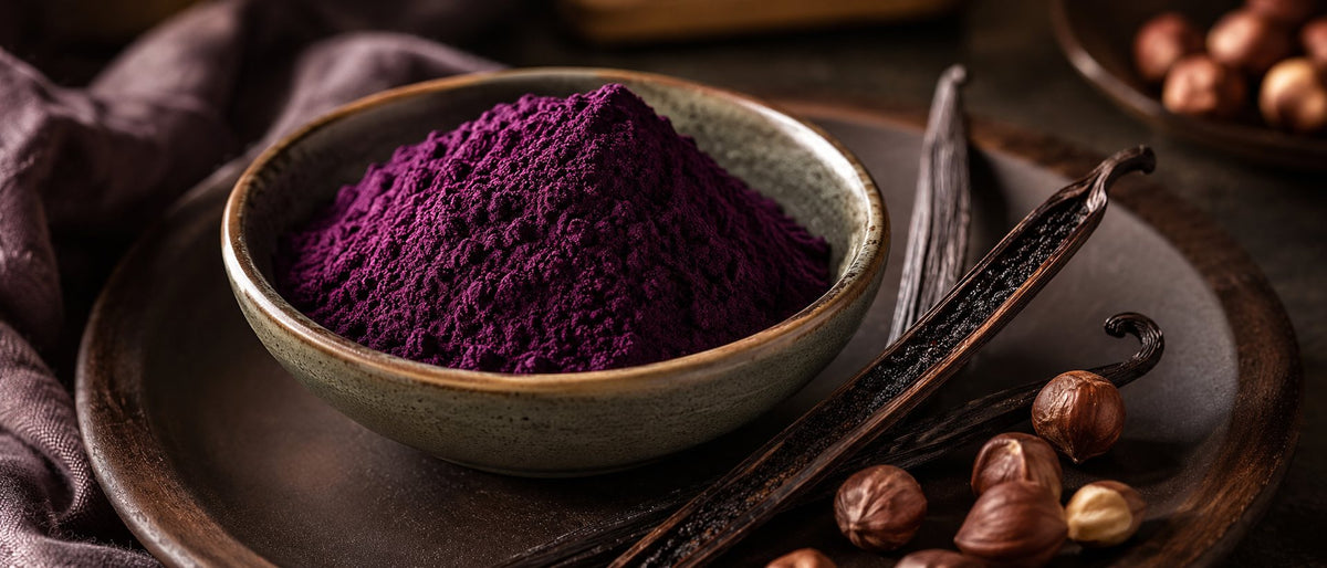 Bol de poudre d'ube violet foncé magenta, gousse de vanille et noisettes sur fond sombre