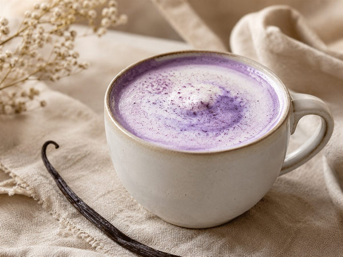 Ube vanilla latte violet doux, mousse cremeuse, gousse de vanille, fond lin beige