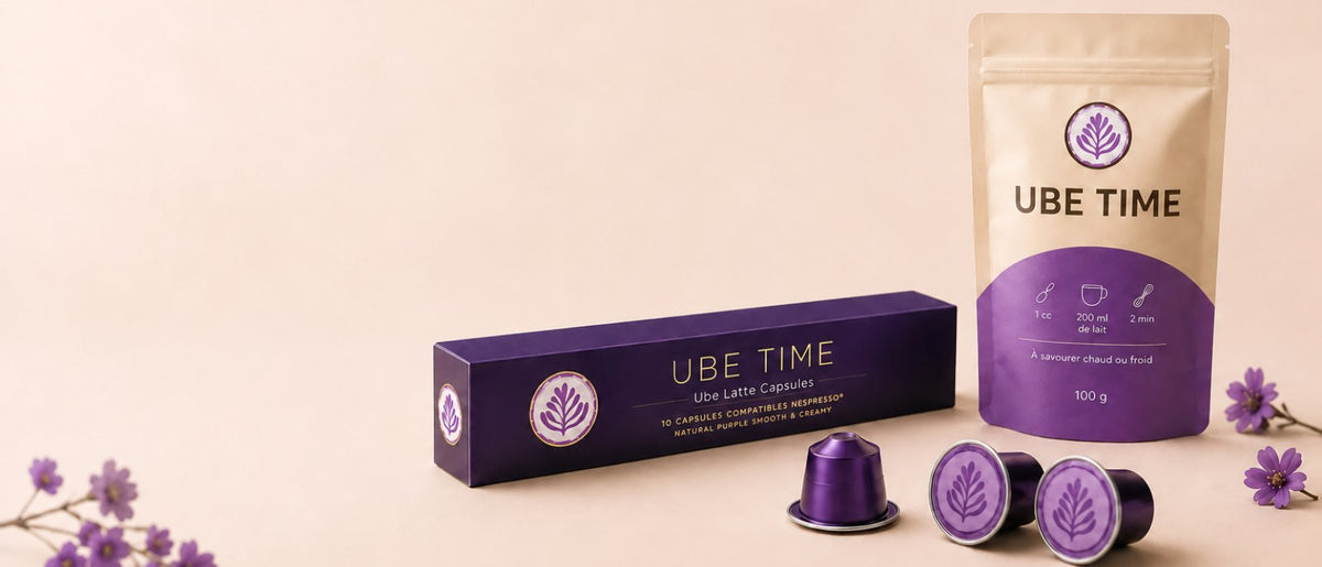 Sachet et capsules Ube Time, produit vegan sans gluten