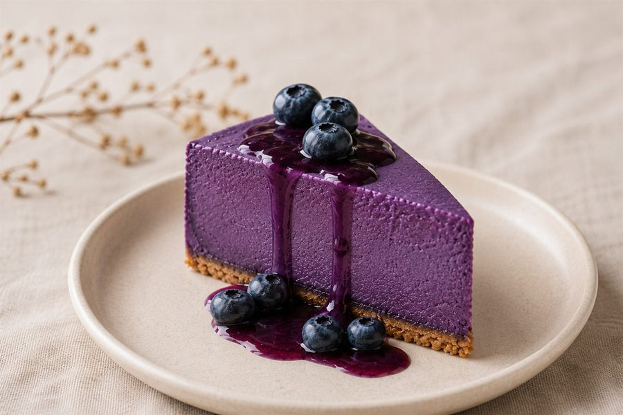Velvet cheesecake à l'ube violet, coulis et myrtilles